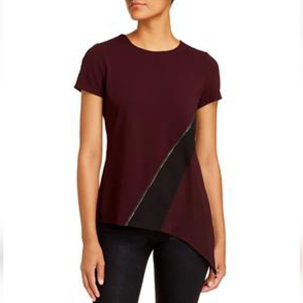 Donna Karan Top Blouse Women's Small Burgundy Beaded Short Sleeve